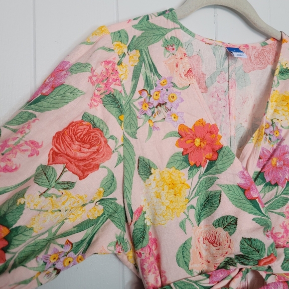 NWT Old Navy Linen Blend Twist Front Floral Midi Dress Pink Green Garden Party L - Picture 6 of 15